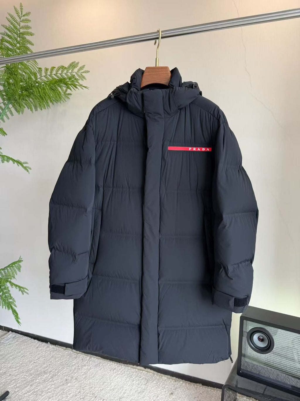 Prada Red-Logo Hooded Long Puffer Coat