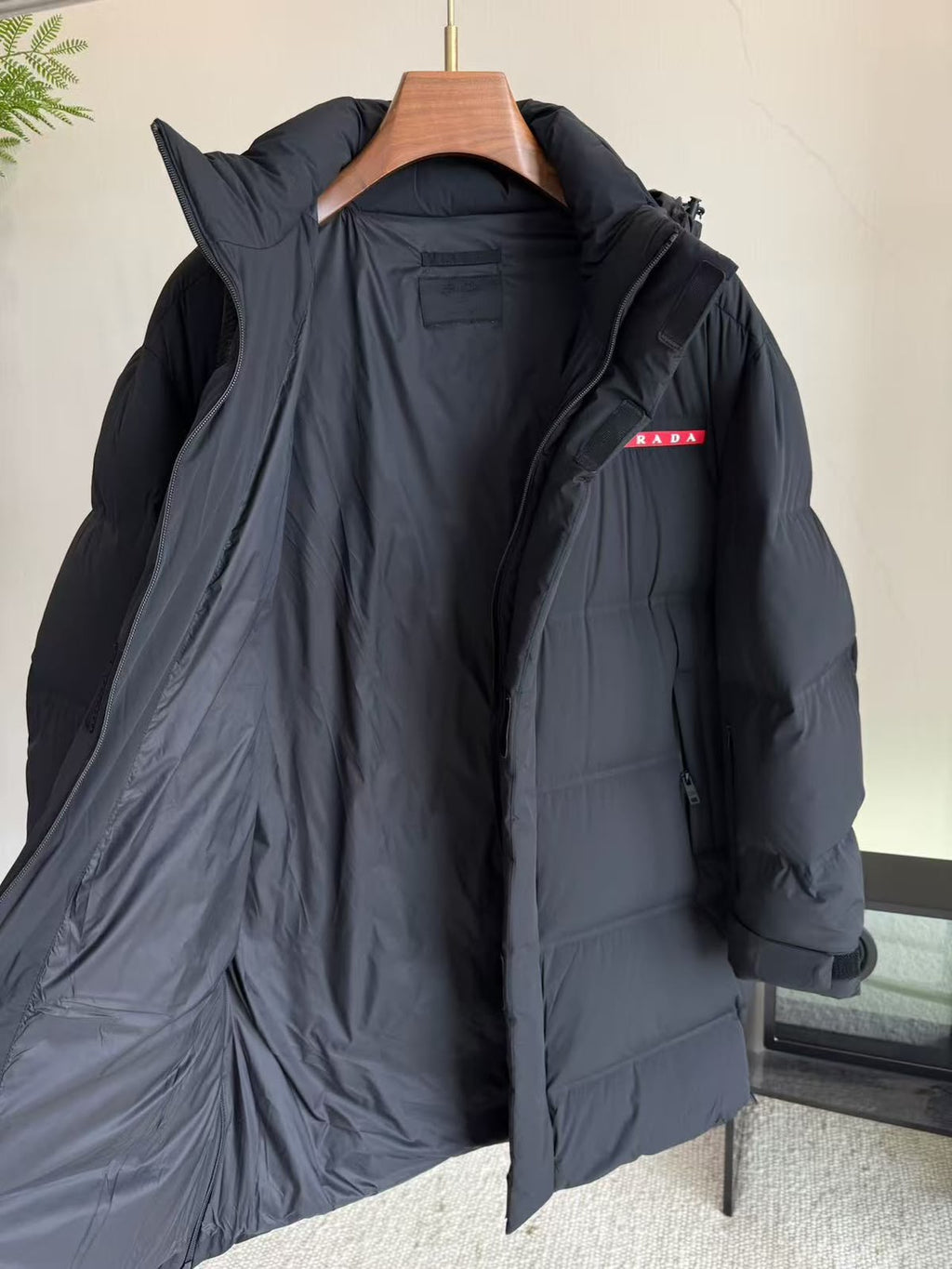 Prada Red-Logo Hooded Long Puffer Coat