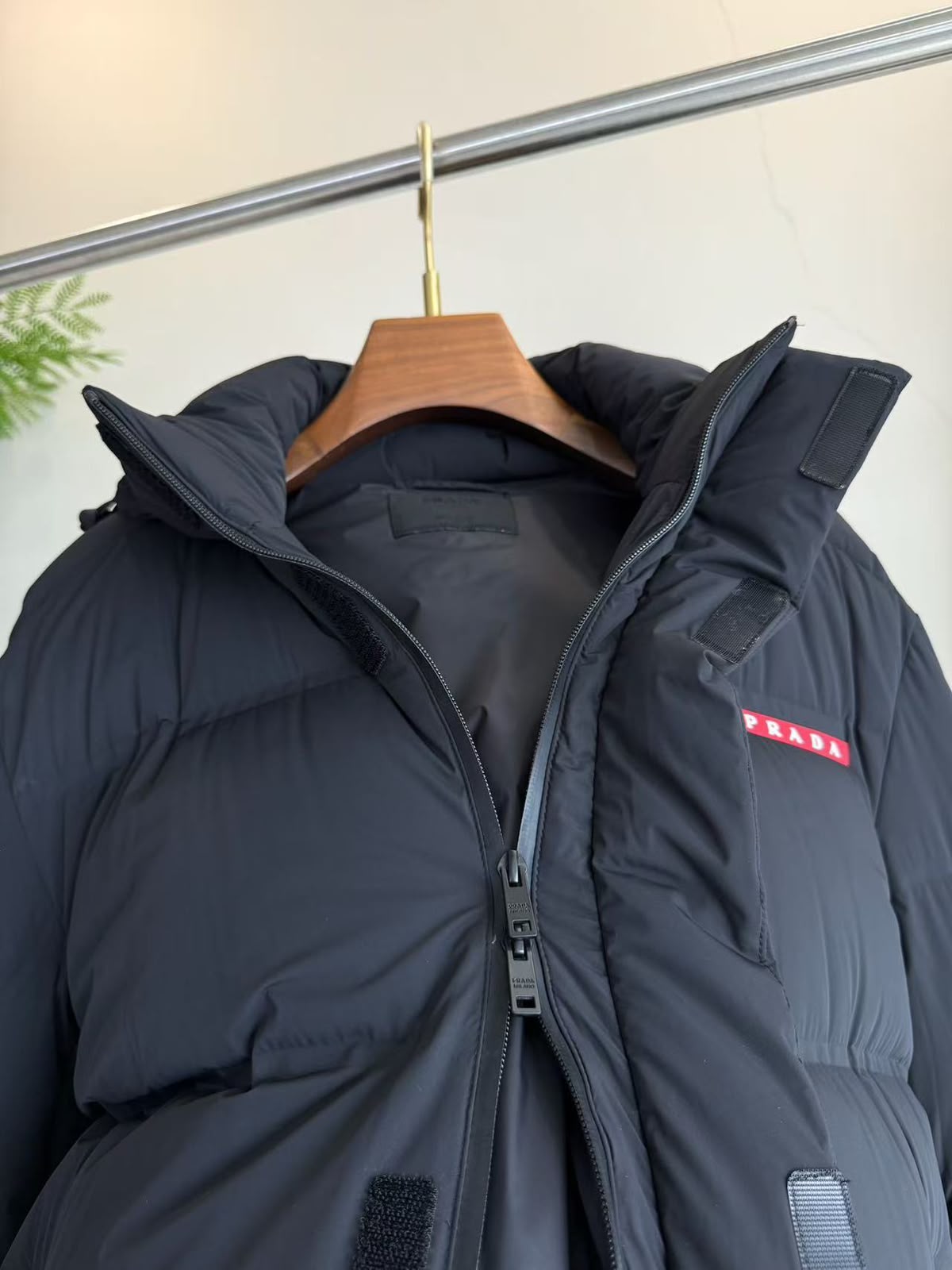 Prada Red-Logo Hooded Long Puffer Coat