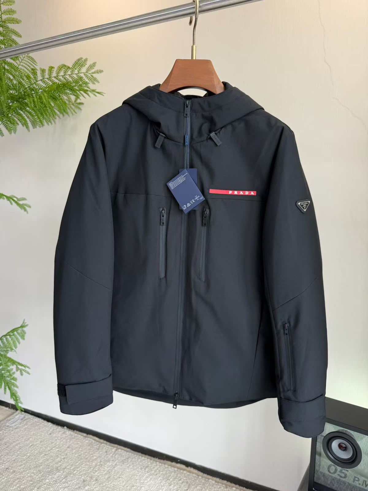 Prada Red-Logo Vertical-Pocket Hooded Jacket