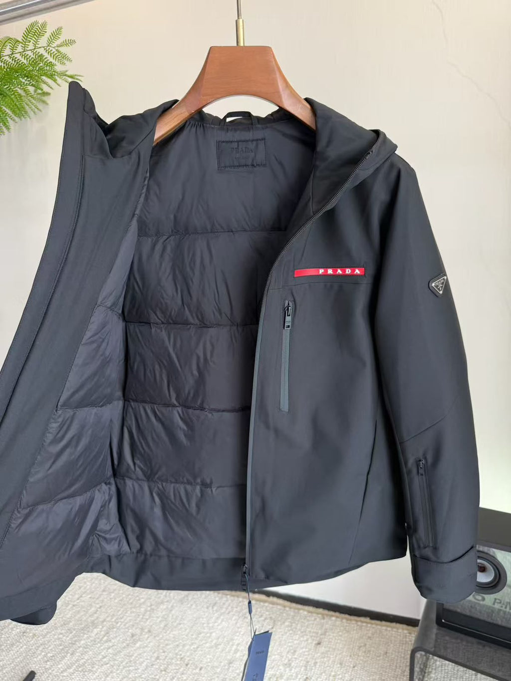 Prada Red-Logo Vertical-Pocket Hooded Jacket