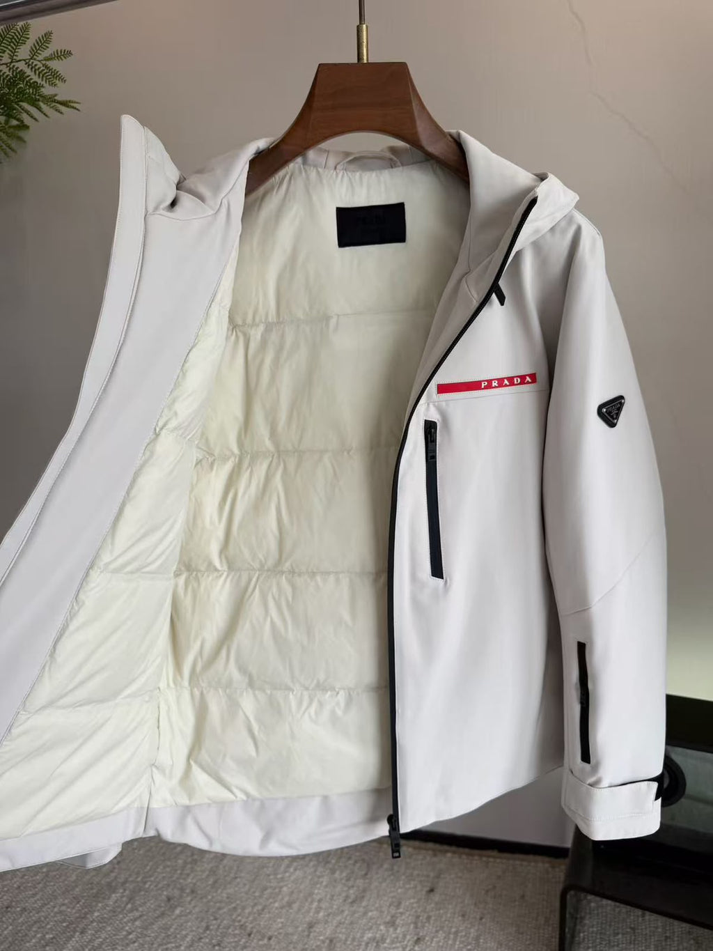 Prada Red-Logo Vertical-Pocket Hooded Jacket