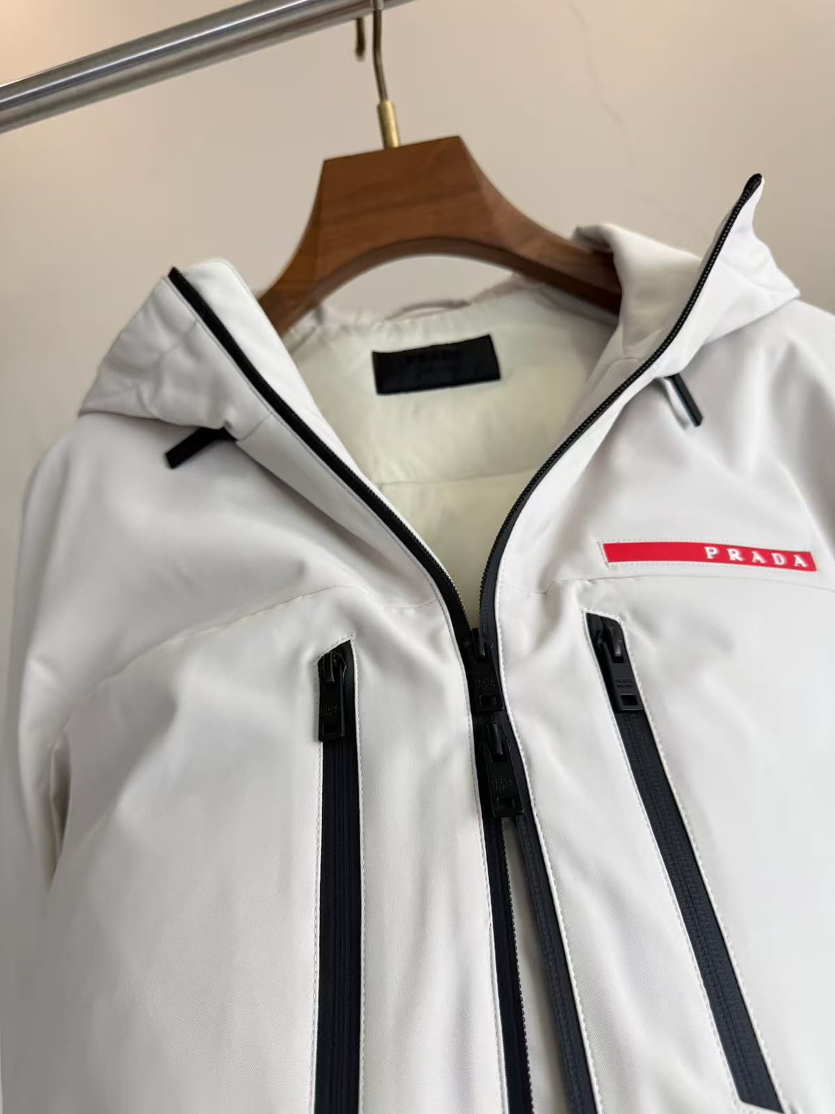 Prada Red-Logo Vertical-Pocket Hooded Jacket