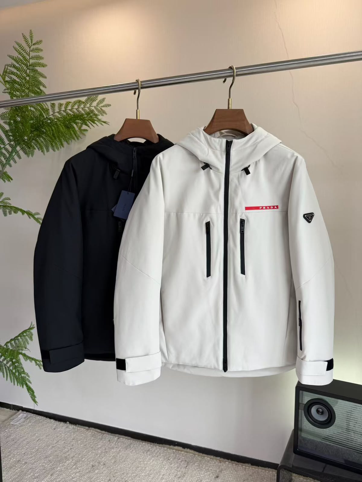 Prada Red-Logo Vertical-Pocket Hooded Jacket