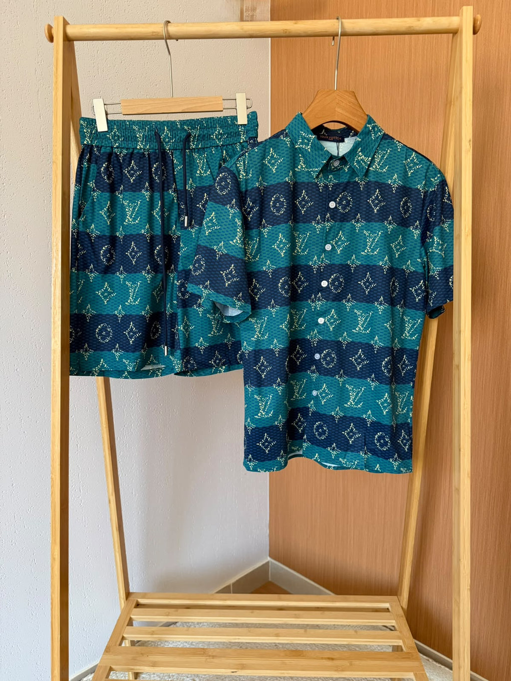 LV Striped Monogram Shirt and Shorts Set