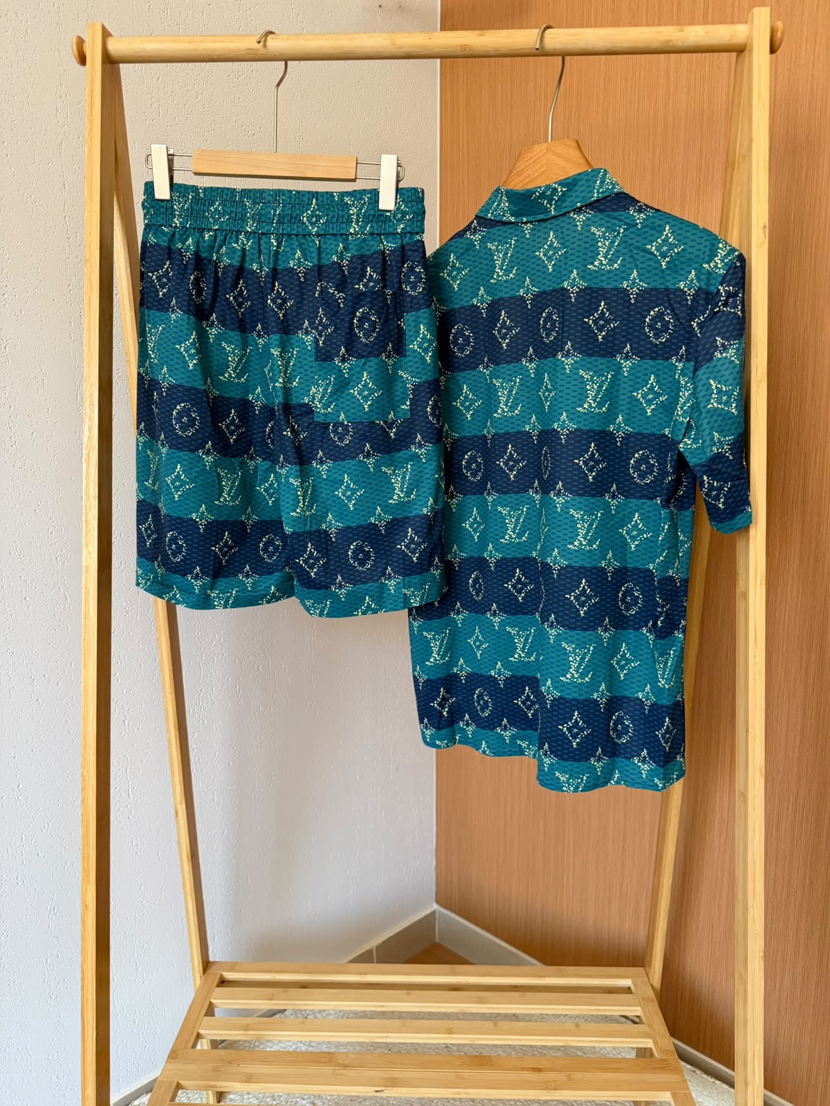 LV Striped Monogram Shirt and Shorts Set