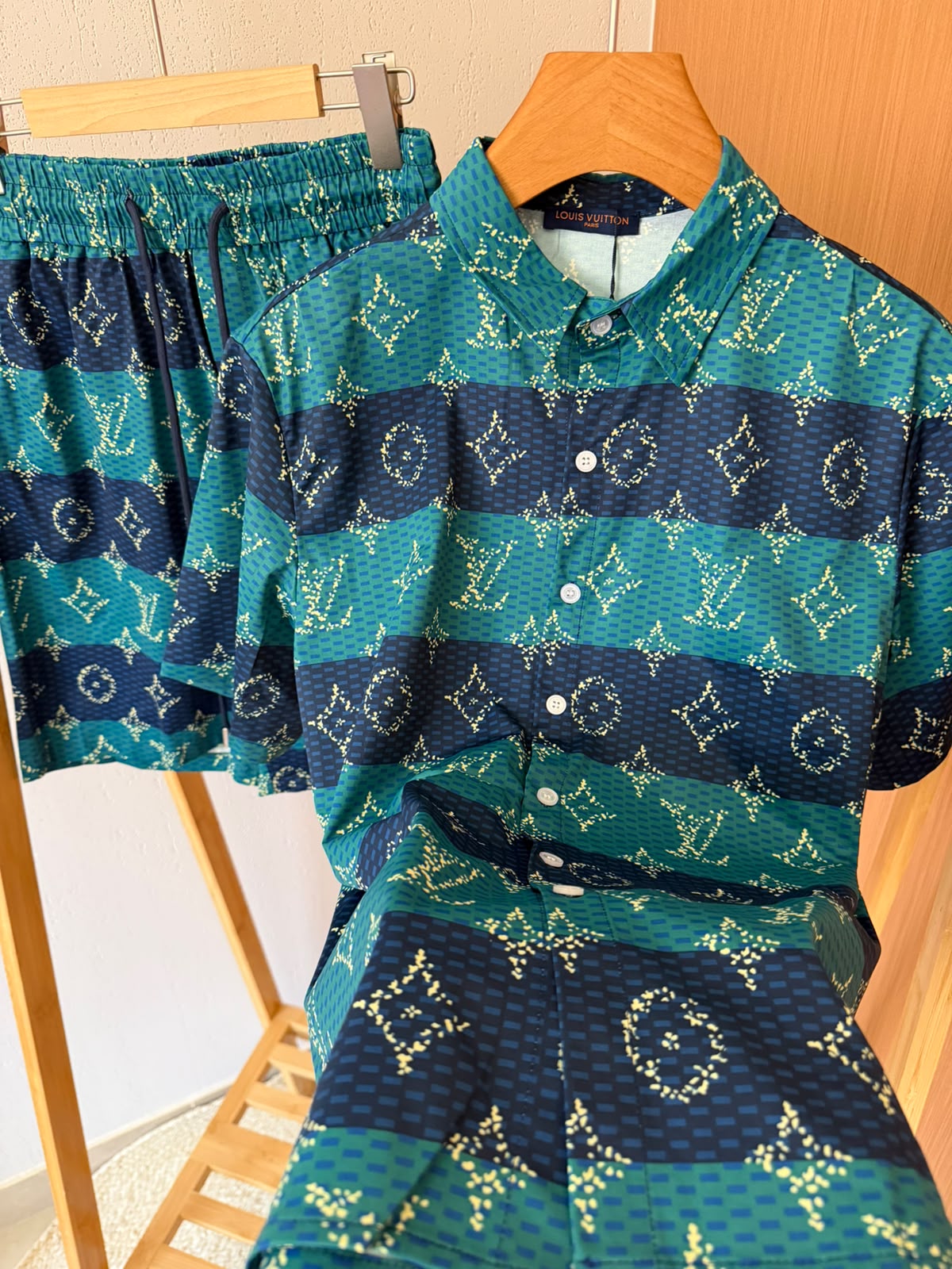 LV Striped Monogram Shirt and Shorts Set