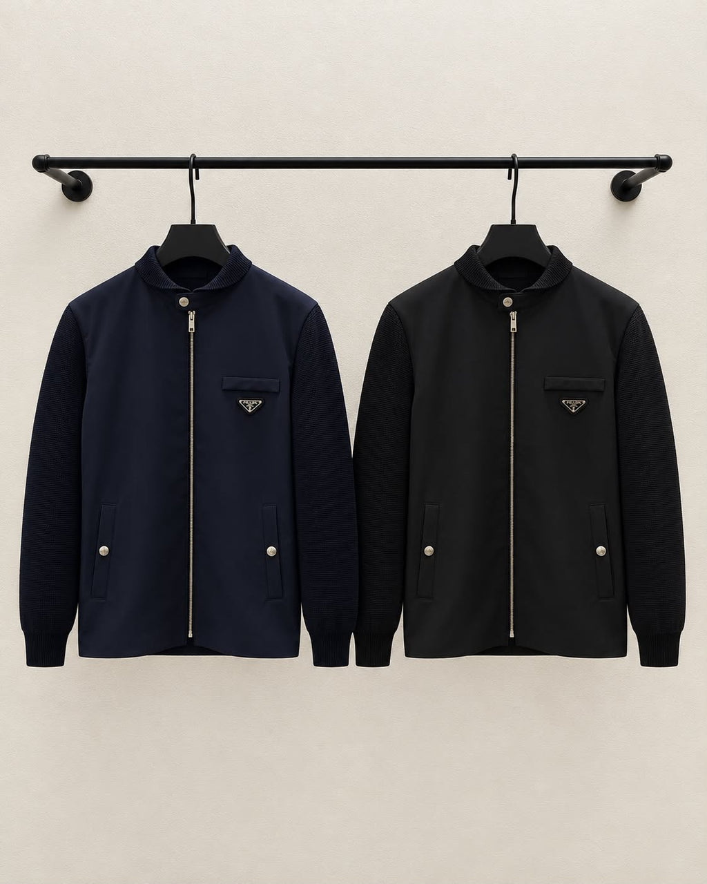 Prada Triangle-Logo Knit-Sleeve Zip Jacket