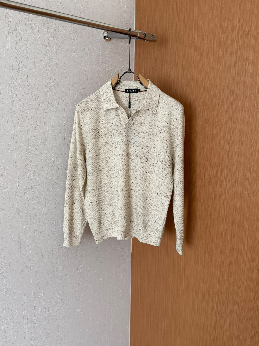 Zegna Melange Long-Sleeve Open-Collar Polo