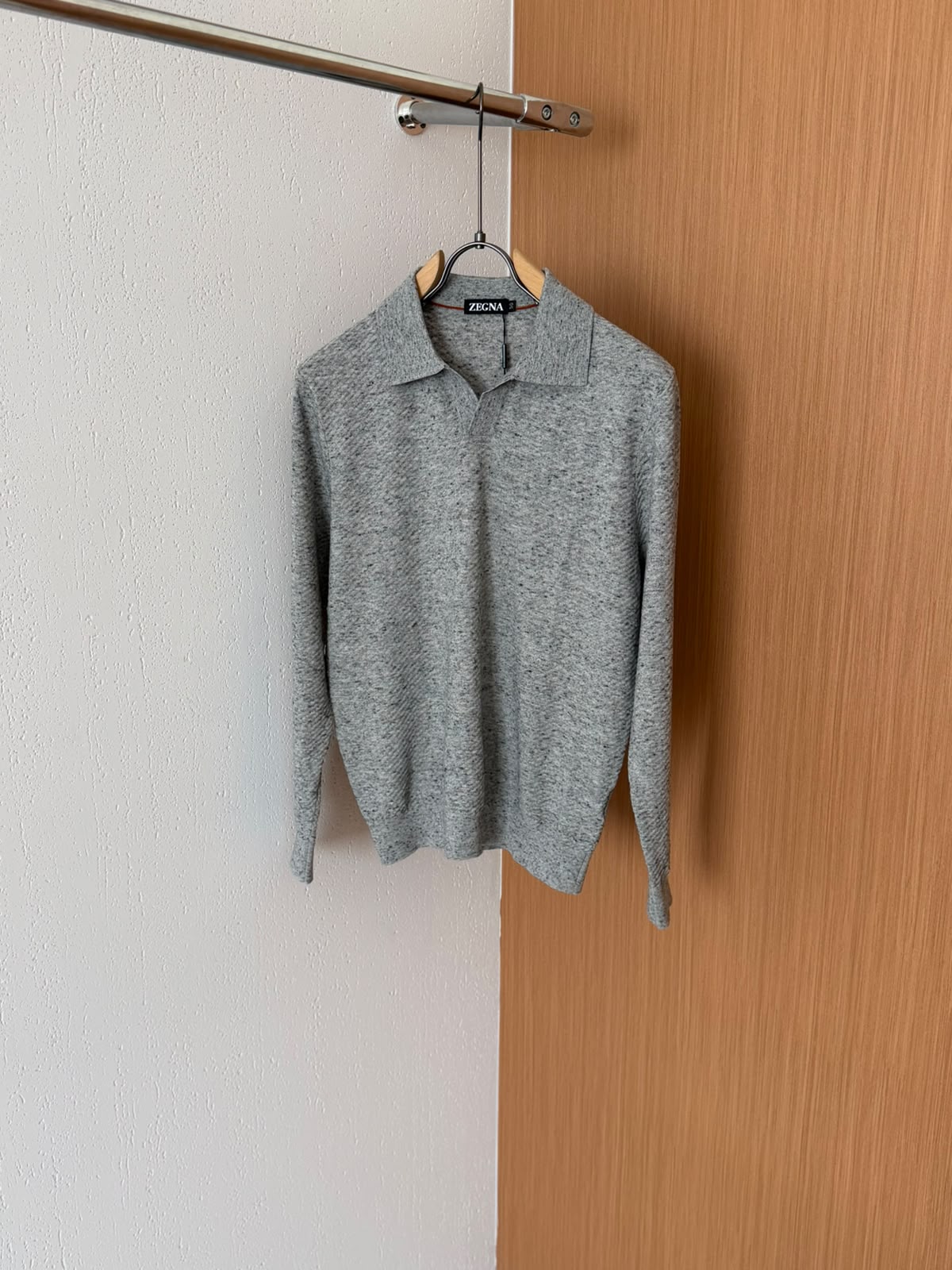 Zegna Melange Long-Sleeve Open-Collar Polo