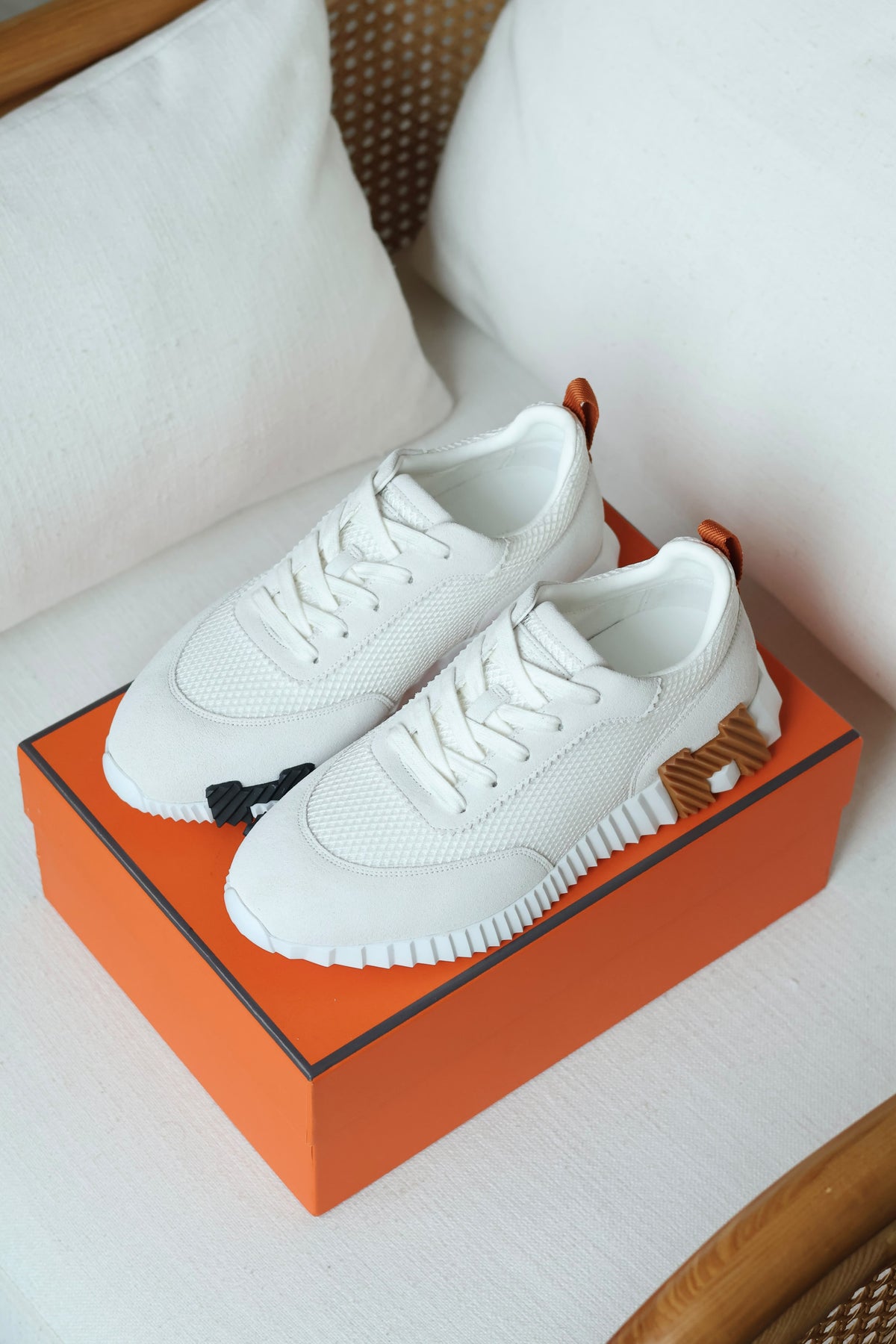 HERMES White Bouncing Sneakers with Tan Heel Detail