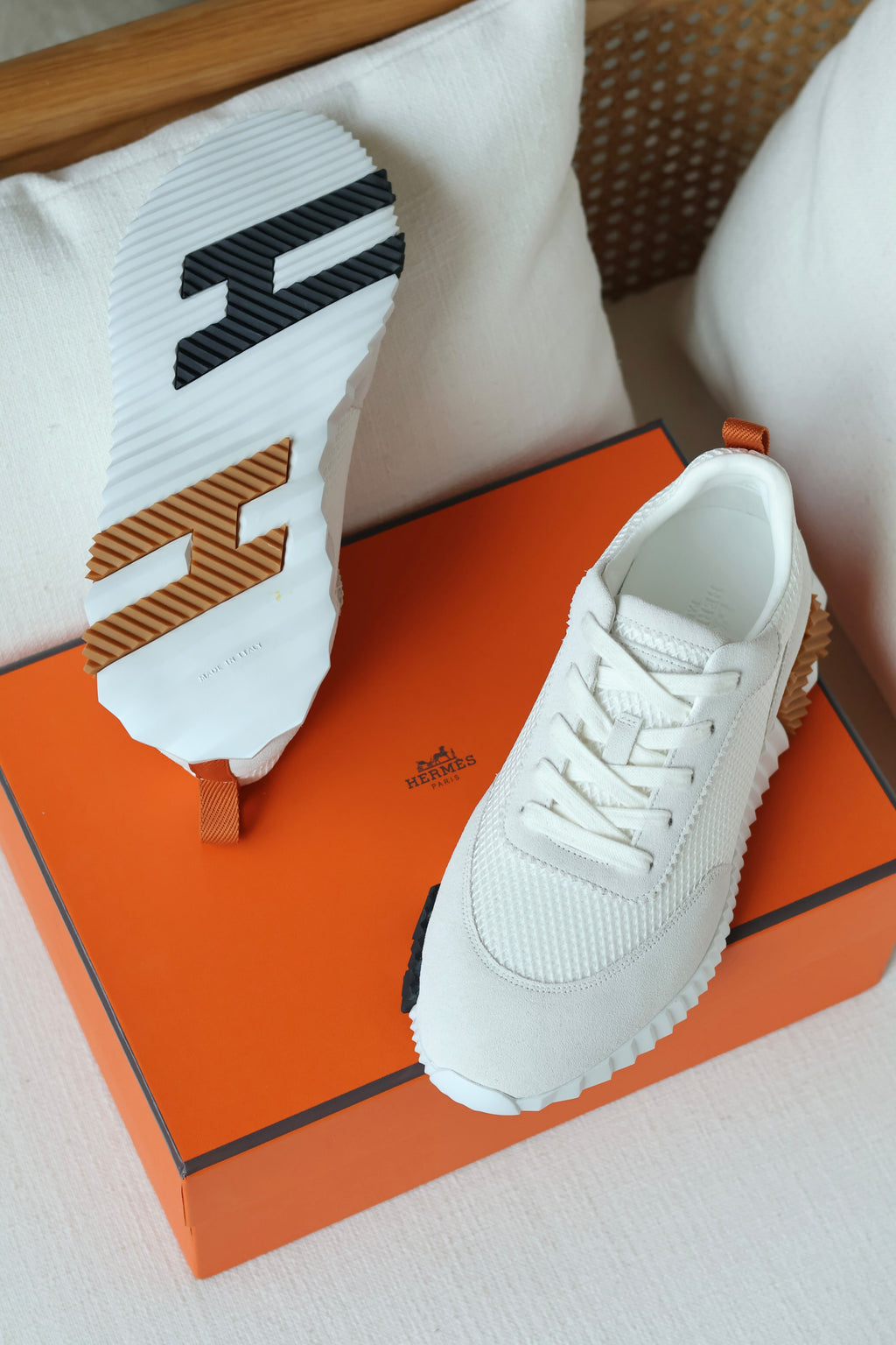 HERMES White Bouncing Sneakers with Tan Heel Detail