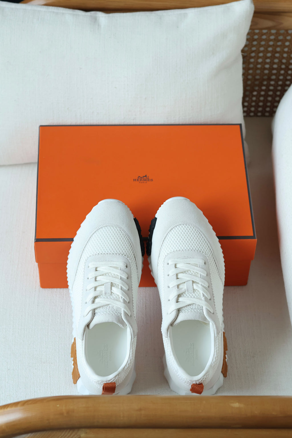 HERMES White Bouncing Sneakers with Tan Heel Detail