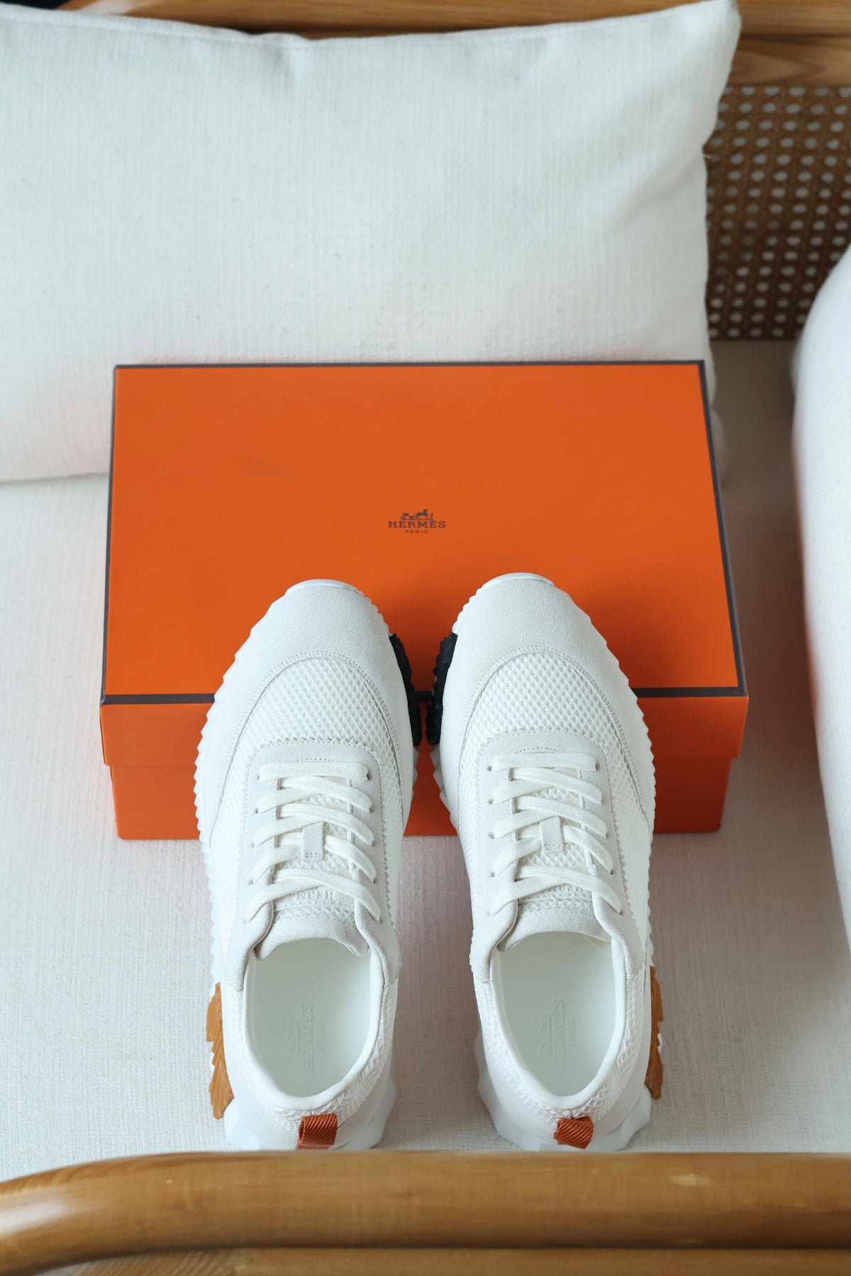 HERMES White Bouncing Sneakers with Tan Heel Detail