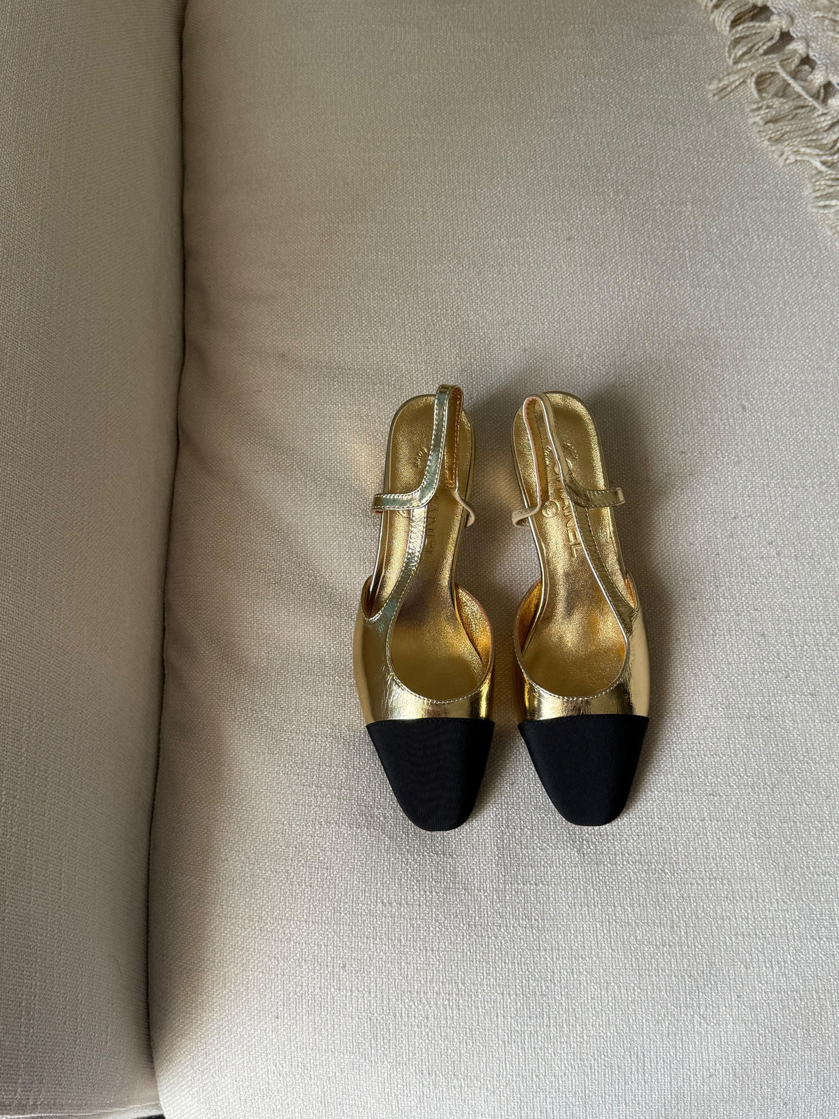 CHANEL Metallic Cap-Toe Slingback Pumps