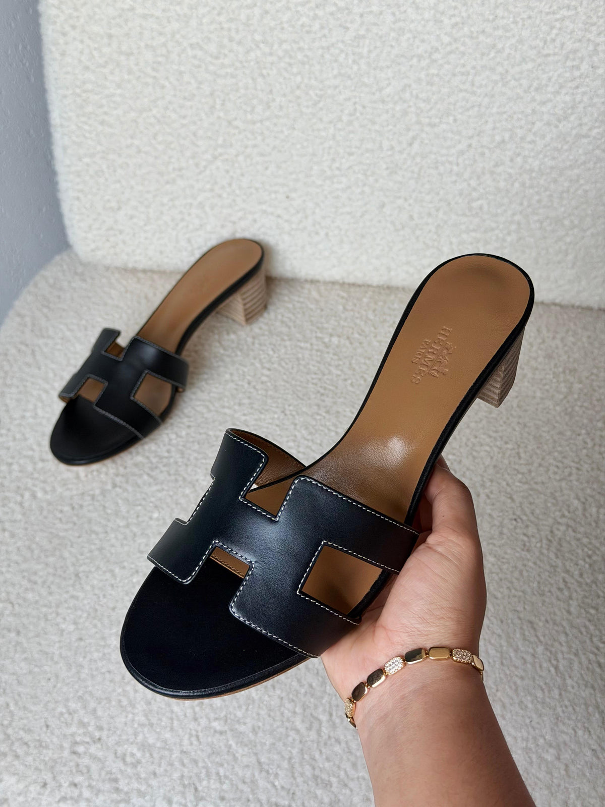 HERMES H-Strap Block-Heel Slides