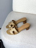 HERMES Textured H-Strap Block-Heel Slides