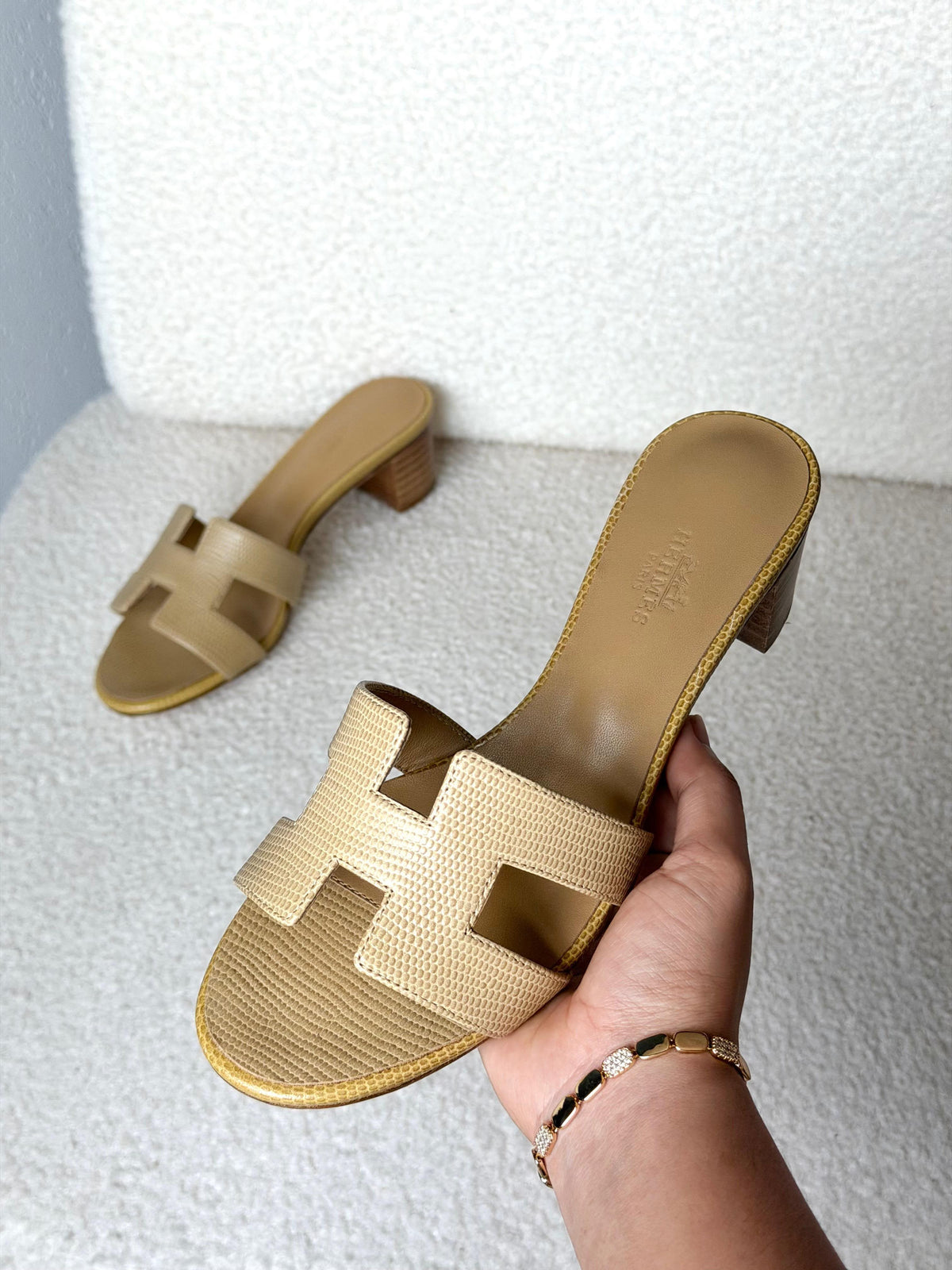 HERMES Textured H-Strap Block-Heel Slides