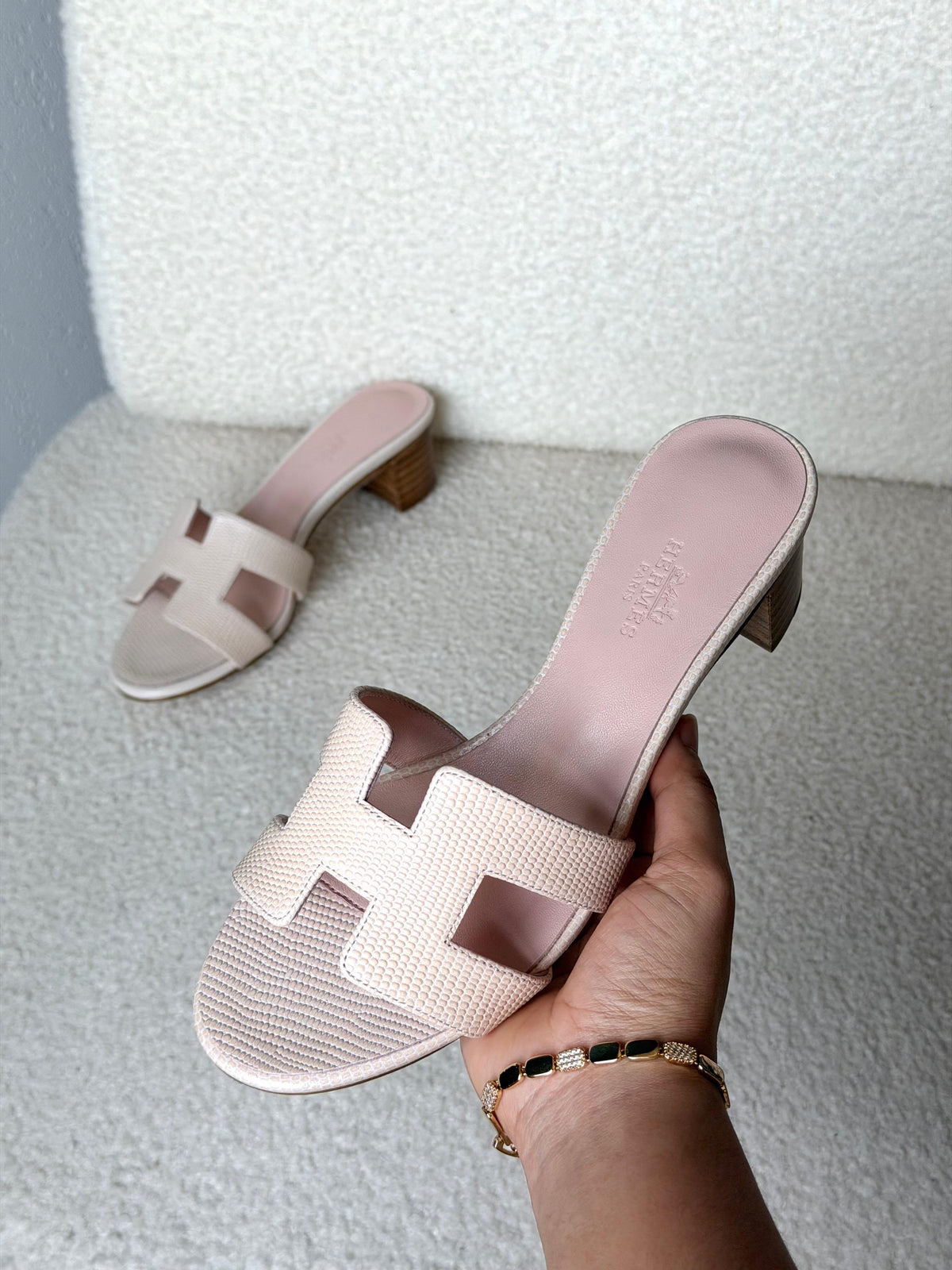HERMES Textured H-Strap Block-Heel Slides