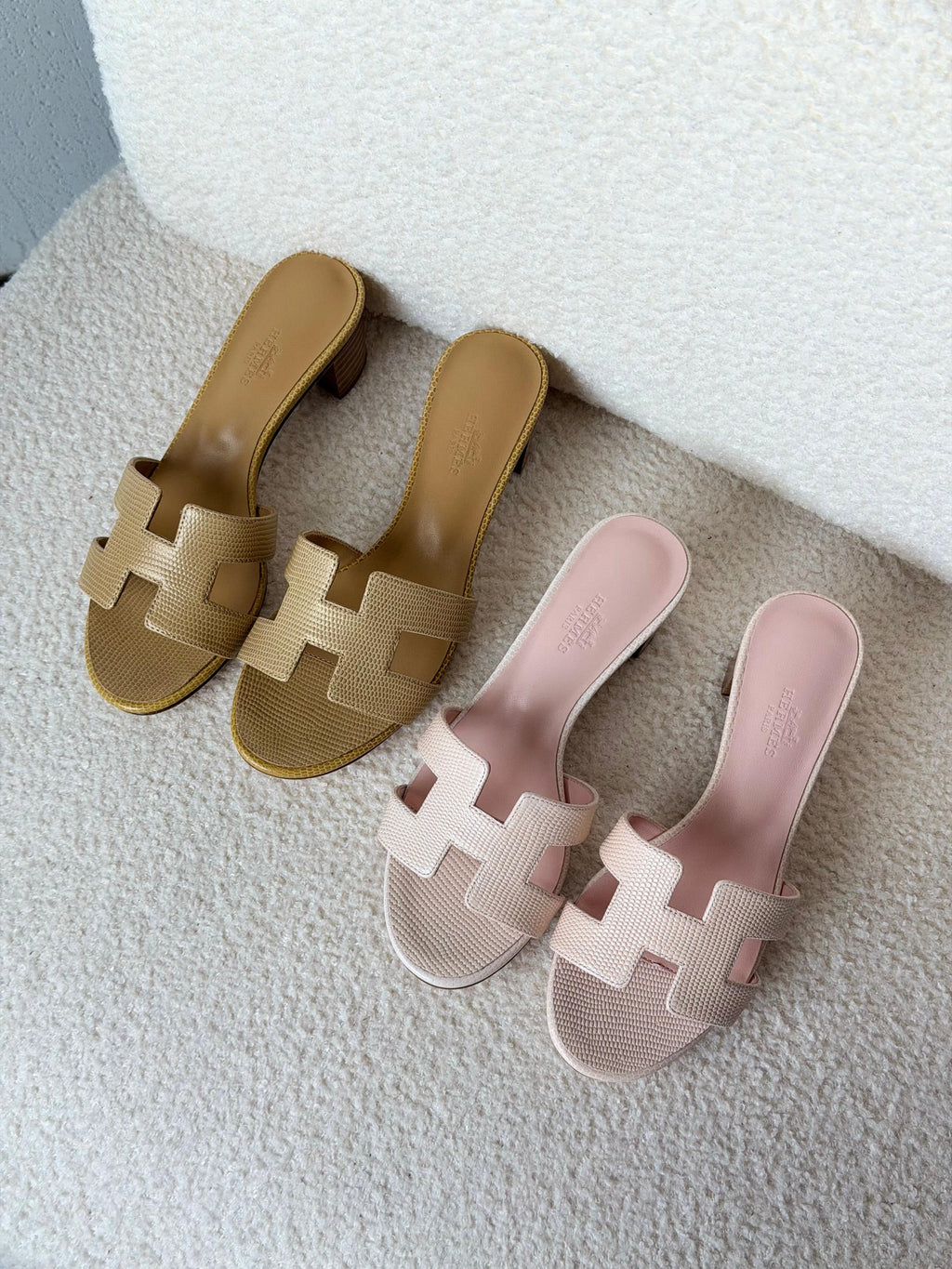 HERMES Textured H-Strap Block-Heel Slides