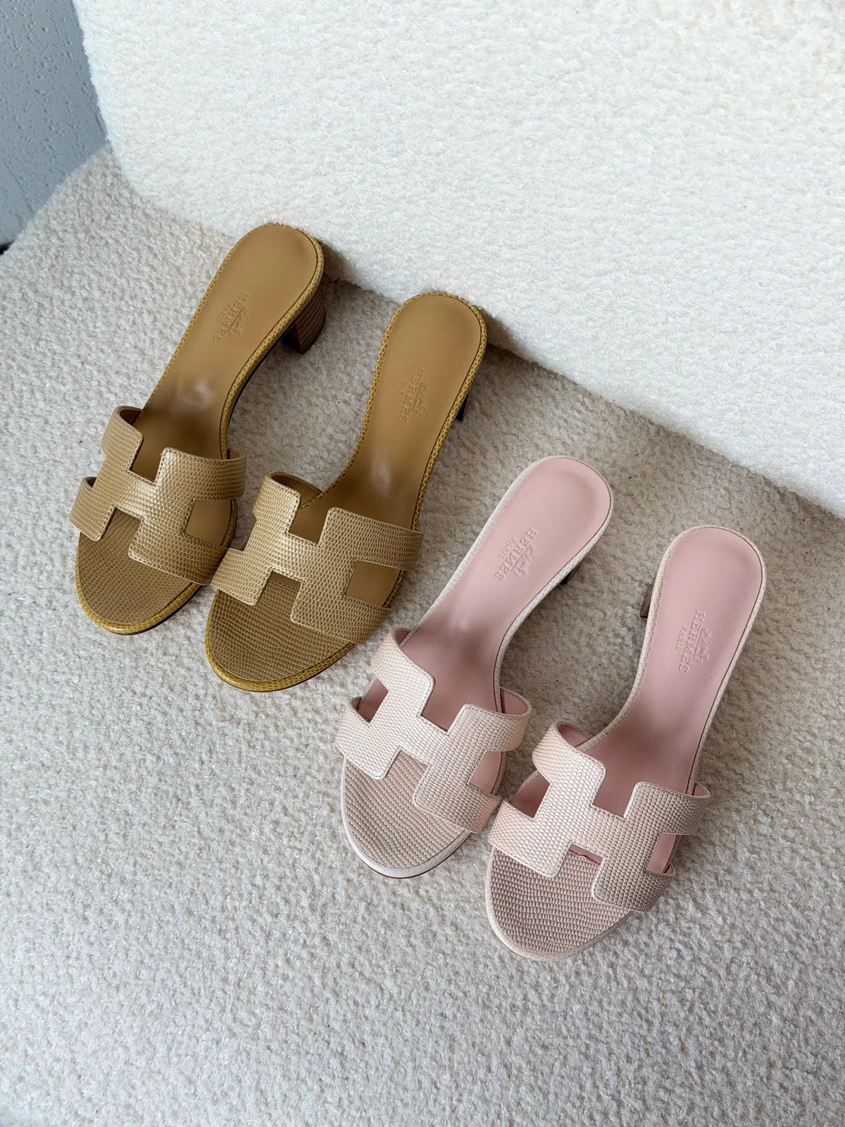 HERMES Textured H-Strap Block-Heel Slides