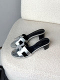 HERMES Metallic Embossed H-Strap Block-Heel Slides