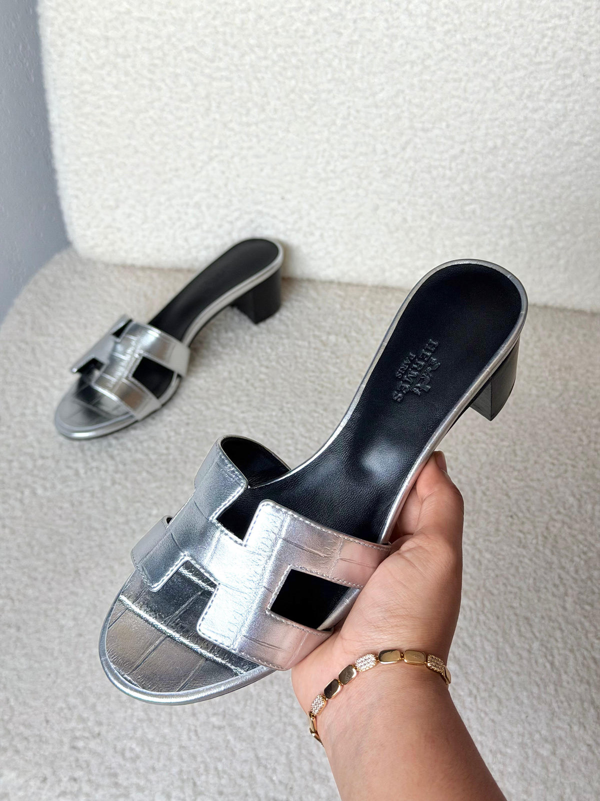 HERMES Metallic Embossed H-Strap Block-Heel Slides