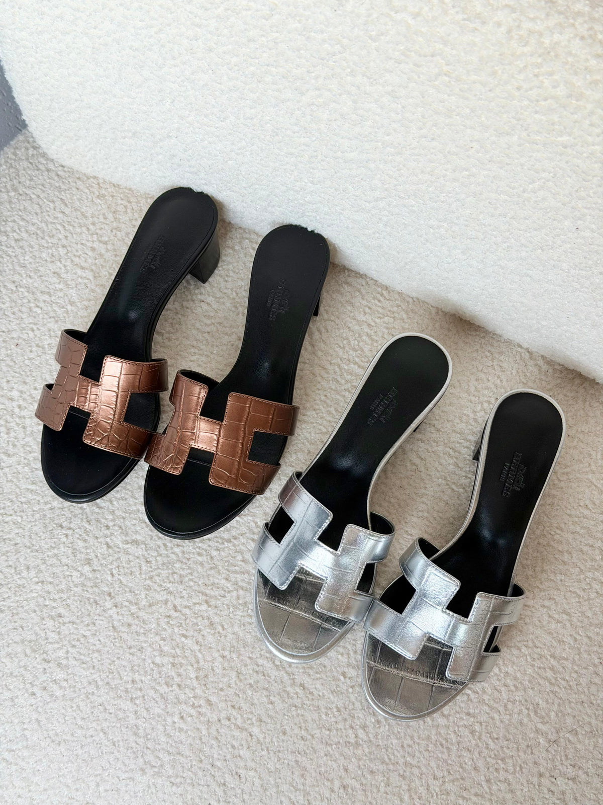 HERMES Metallic Embossed H-Strap Block-Heel Slides