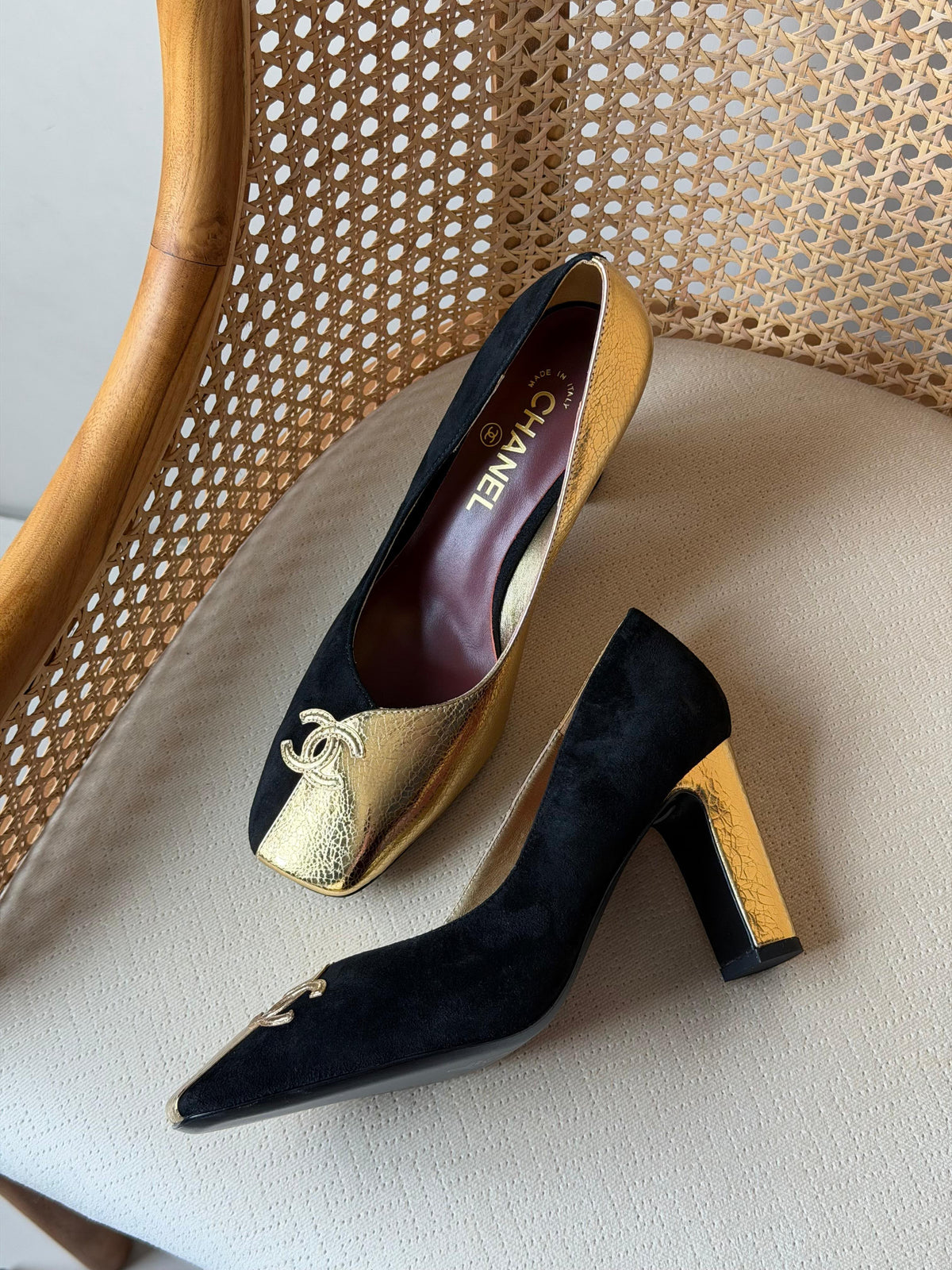 CHANEL Asymmetric Square-Toe Block-Heel Pumps