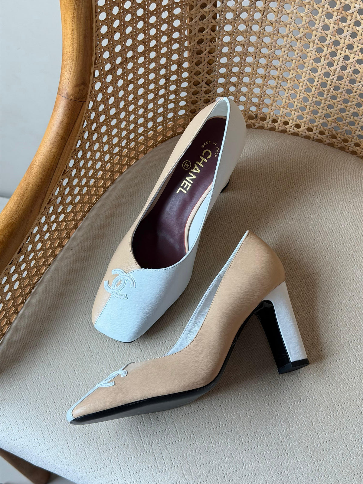 CHANEL Asymmetric Square-Toe Block-Heel Pumps