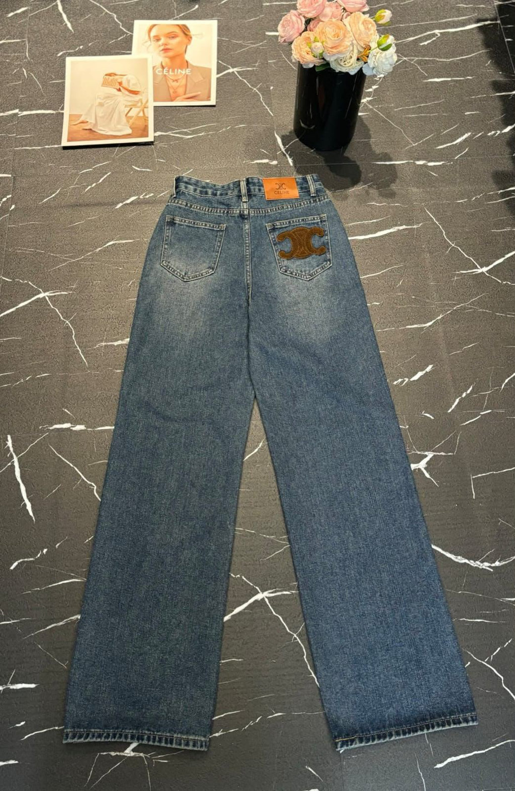 celine Triomphe-Detail Wide-Leg Jeans