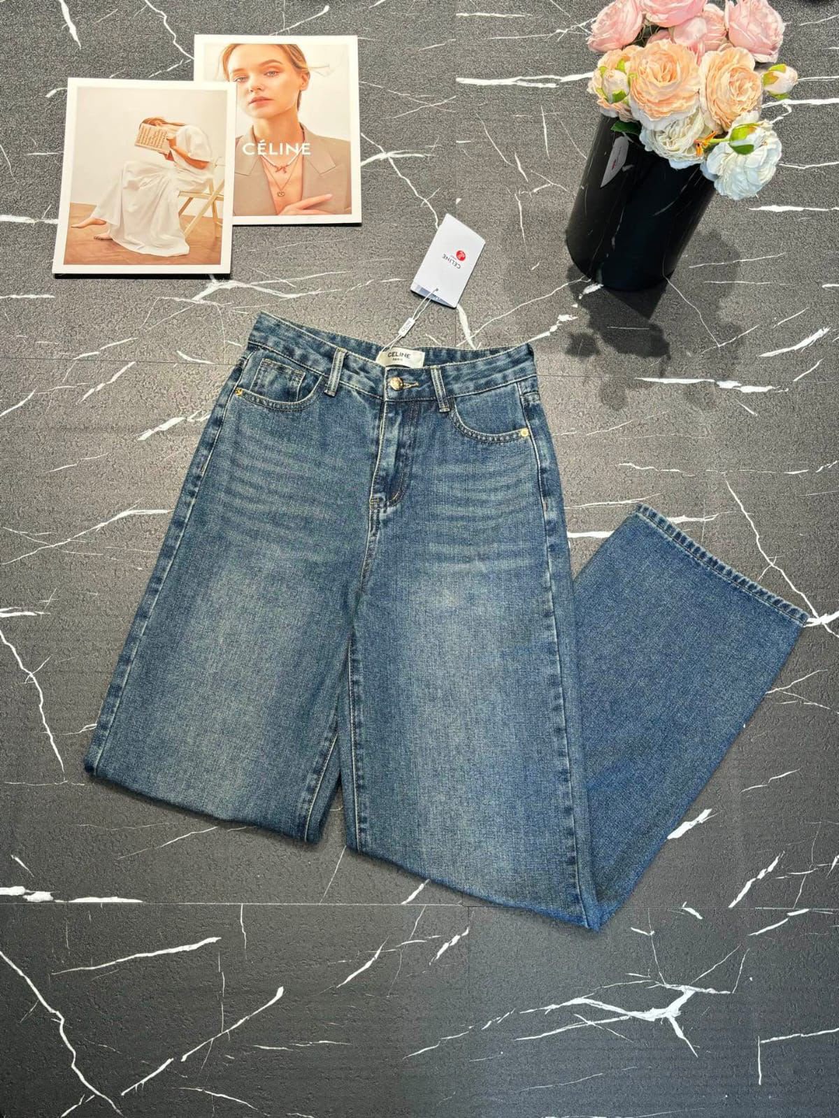 celine Triomphe-Detail Wide-Leg Jeans