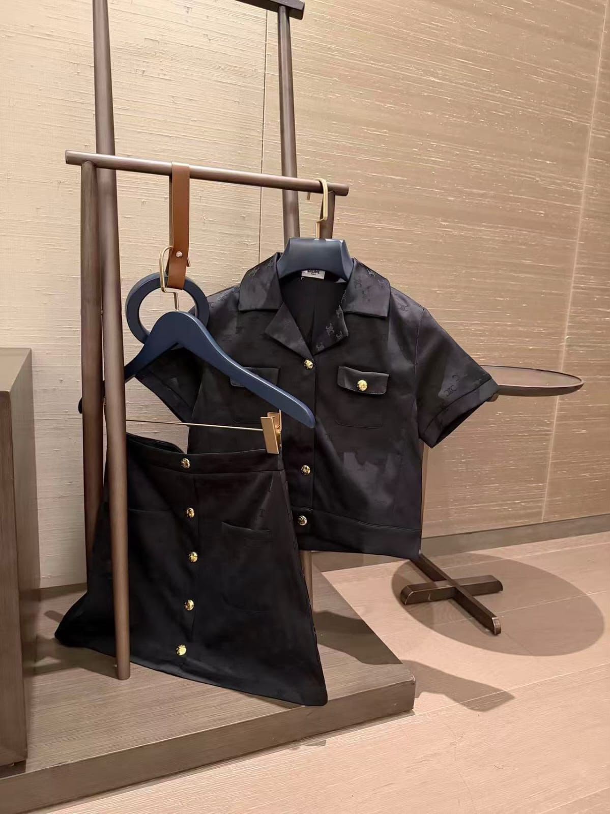 celine Gold-Tone Button Shirt and Mini Skirt Set