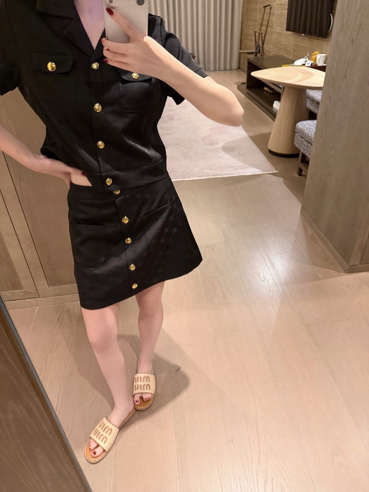 celine Gold-Tone Button Shirt and Mini Skirt Set