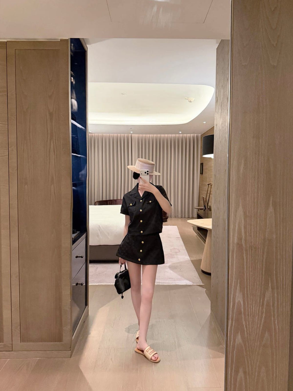 celine Gold-Tone Button Shirt and Mini Skirt Set