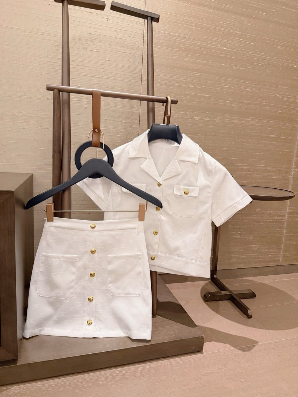 celine Gold-Tone Button Shirt and Mini Skirt Set