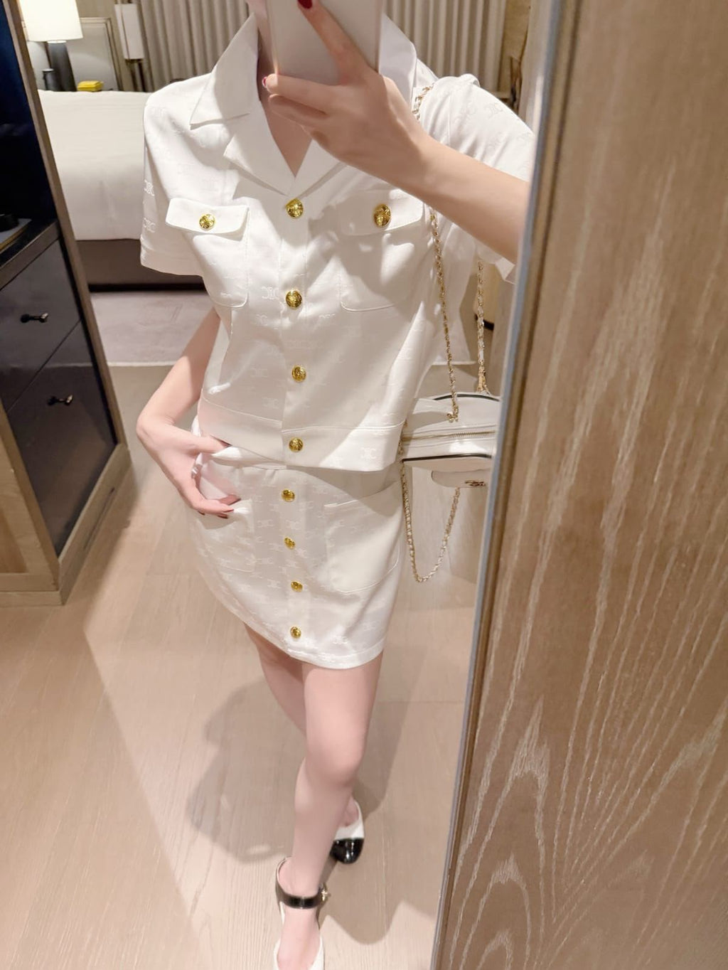 celine Gold-Tone Button Shirt and Mini Skirt Set
