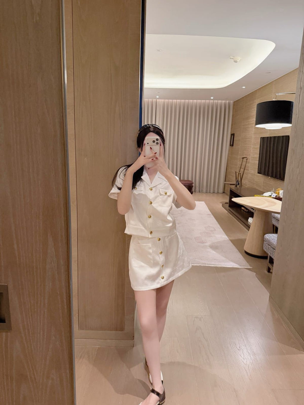 celine Gold-Tone Button Shirt and Mini Skirt Set