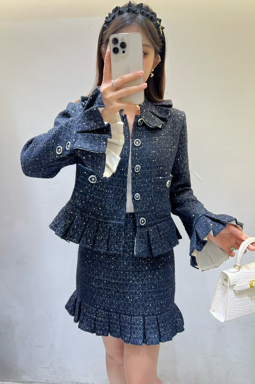CHANEL Pleated-Trim Jacket and Mini Skirt Set