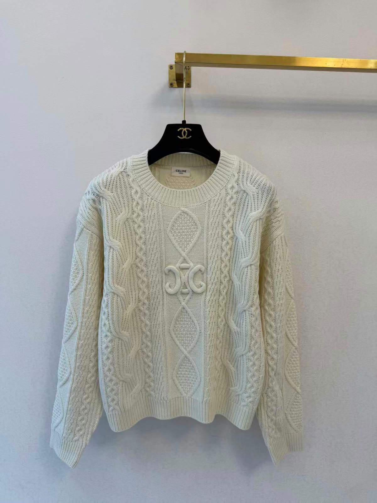 celine Cable-Knit Logo Crewneck Sweater