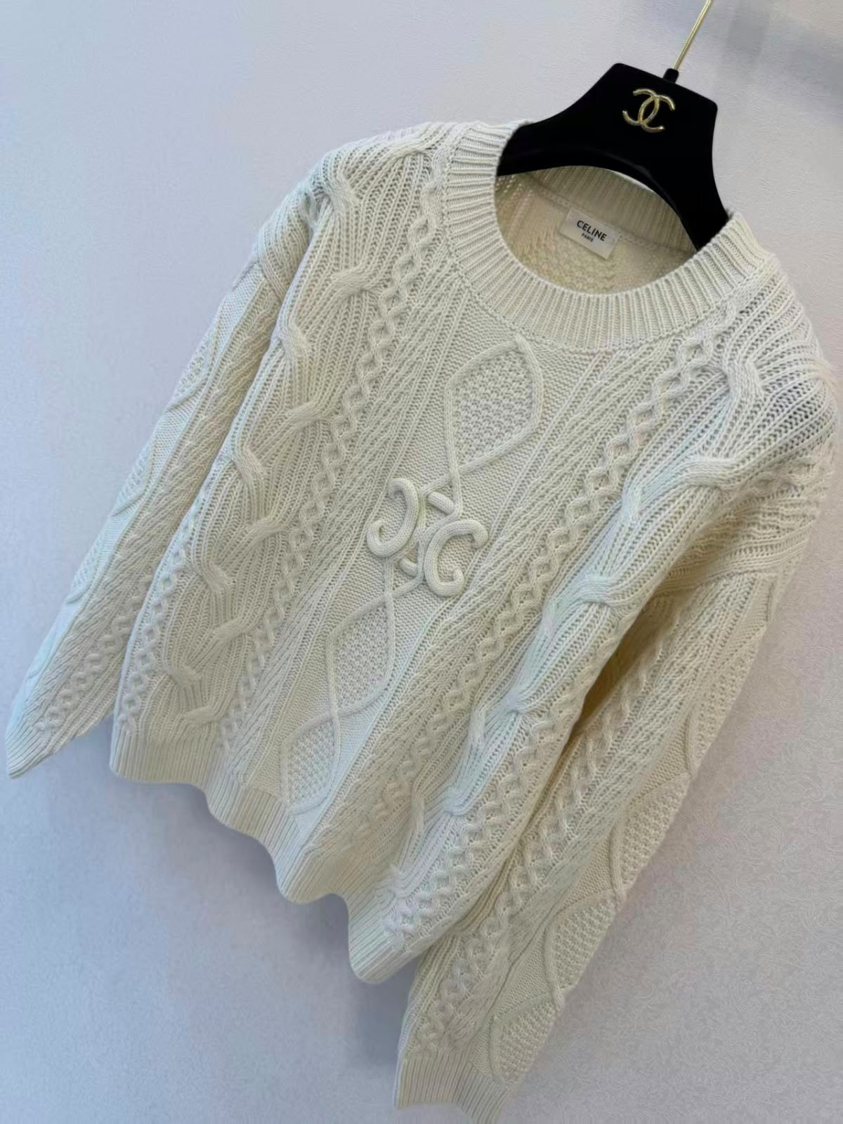 celine Cable-Knit Logo Crewneck Sweater