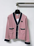 CHANEL Contrast-Trim V-Neck Pocket Cardigan