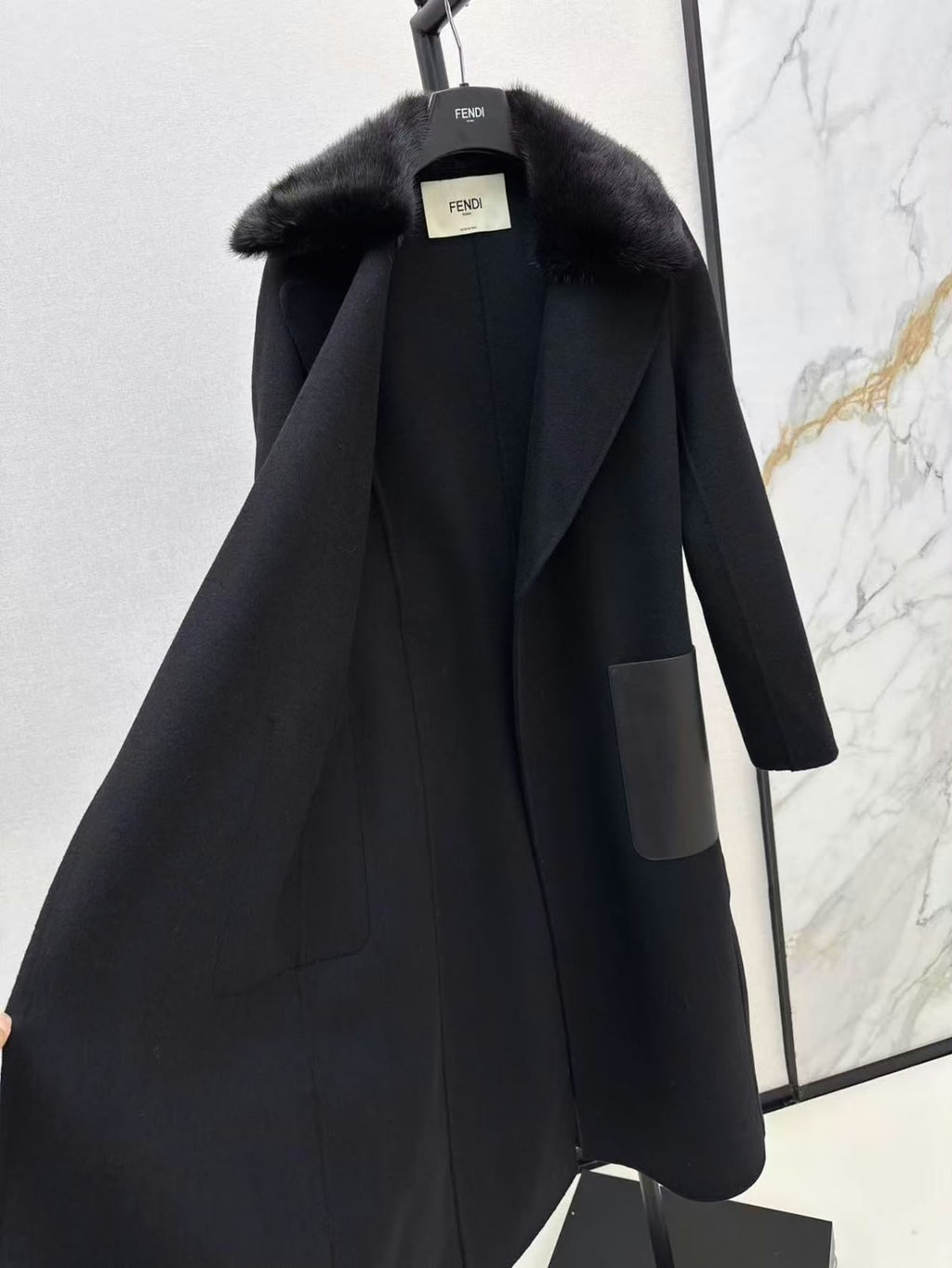 FENDI Belted Long Coat with Plush Collar
