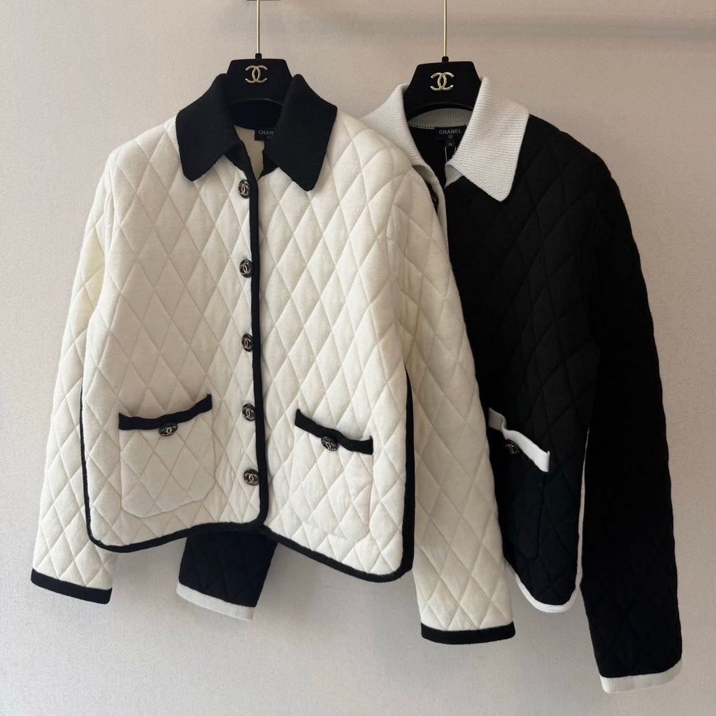 CHANEL Diamond-Pattern Contrast-Trim Jacket
