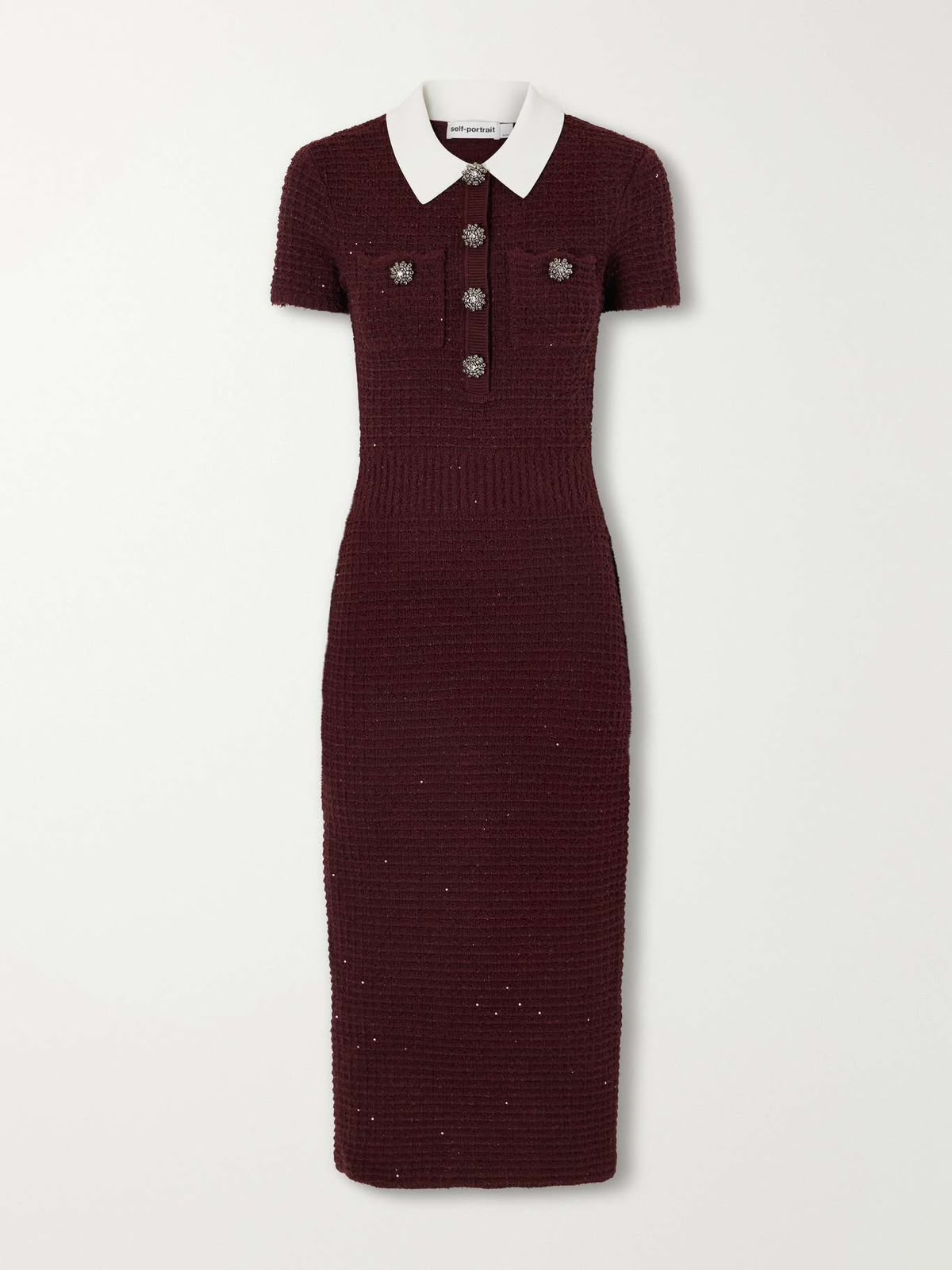 Self-Portrait Contrast-Collar Short-Sleeve Midi Dress