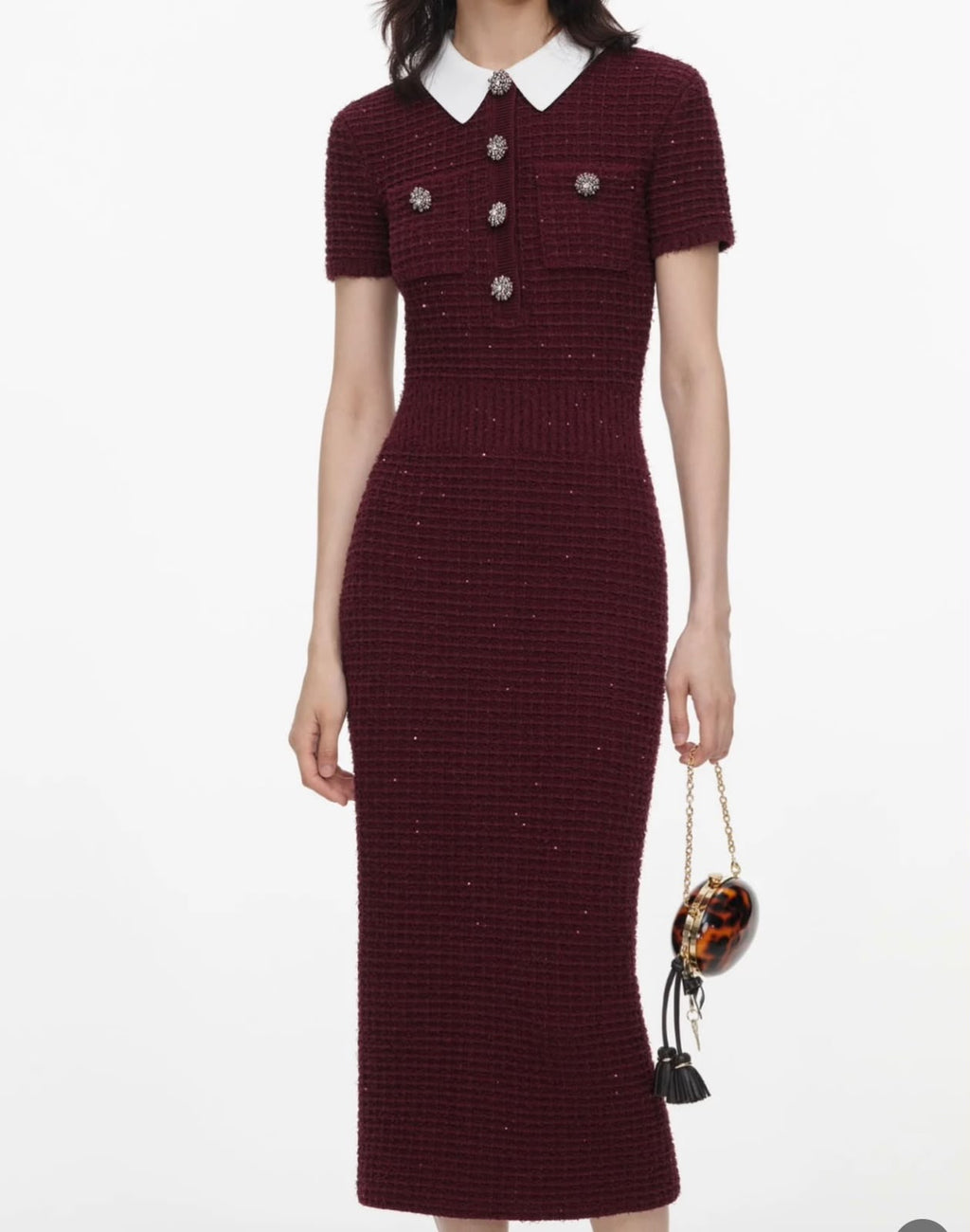 Self-Portrait Contrast-Collar Short-Sleeve Midi Dress