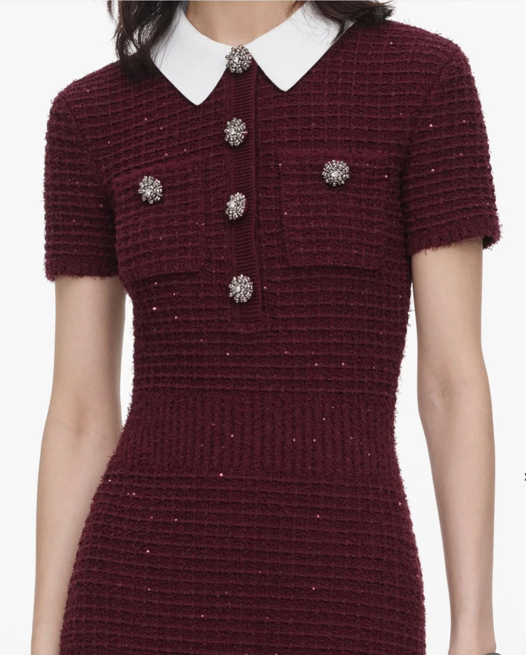 Self-Portrait Contrast-Collar Short-Sleeve Midi Dress