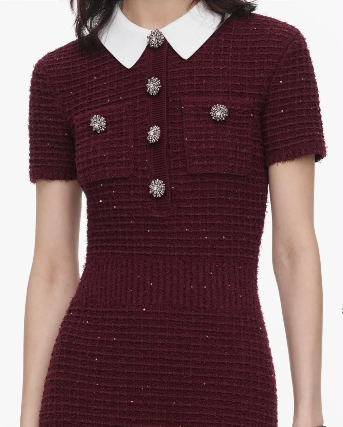 Self-Portrait Contrast-Collar Short-Sleeve Midi Dress