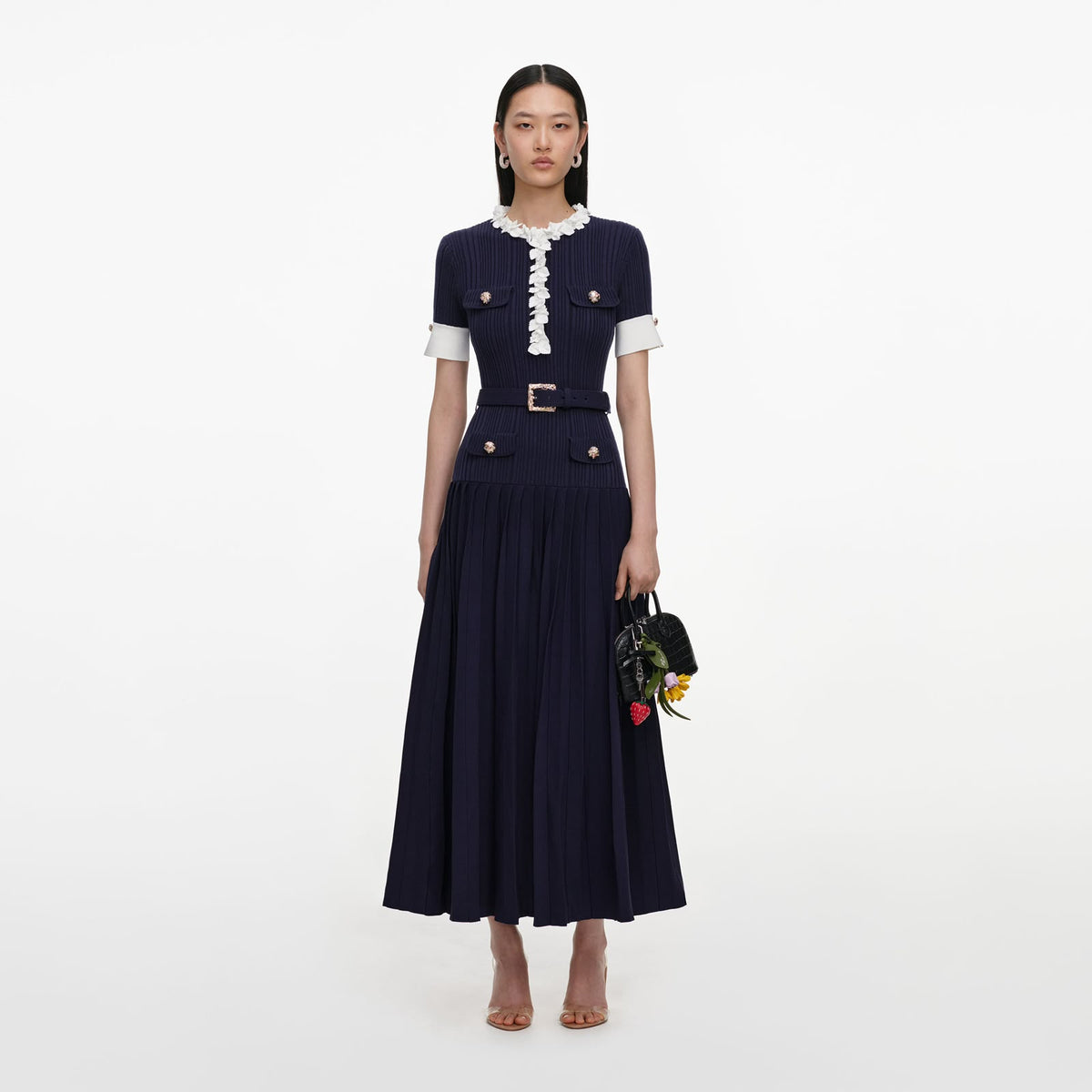 Self-Portrait Contrast-Trim Belted Pleated Midi Dress