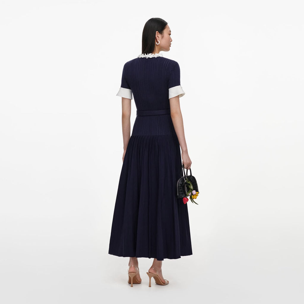 Self-Portrait Contrast-Trim Belted Pleated Midi Dress